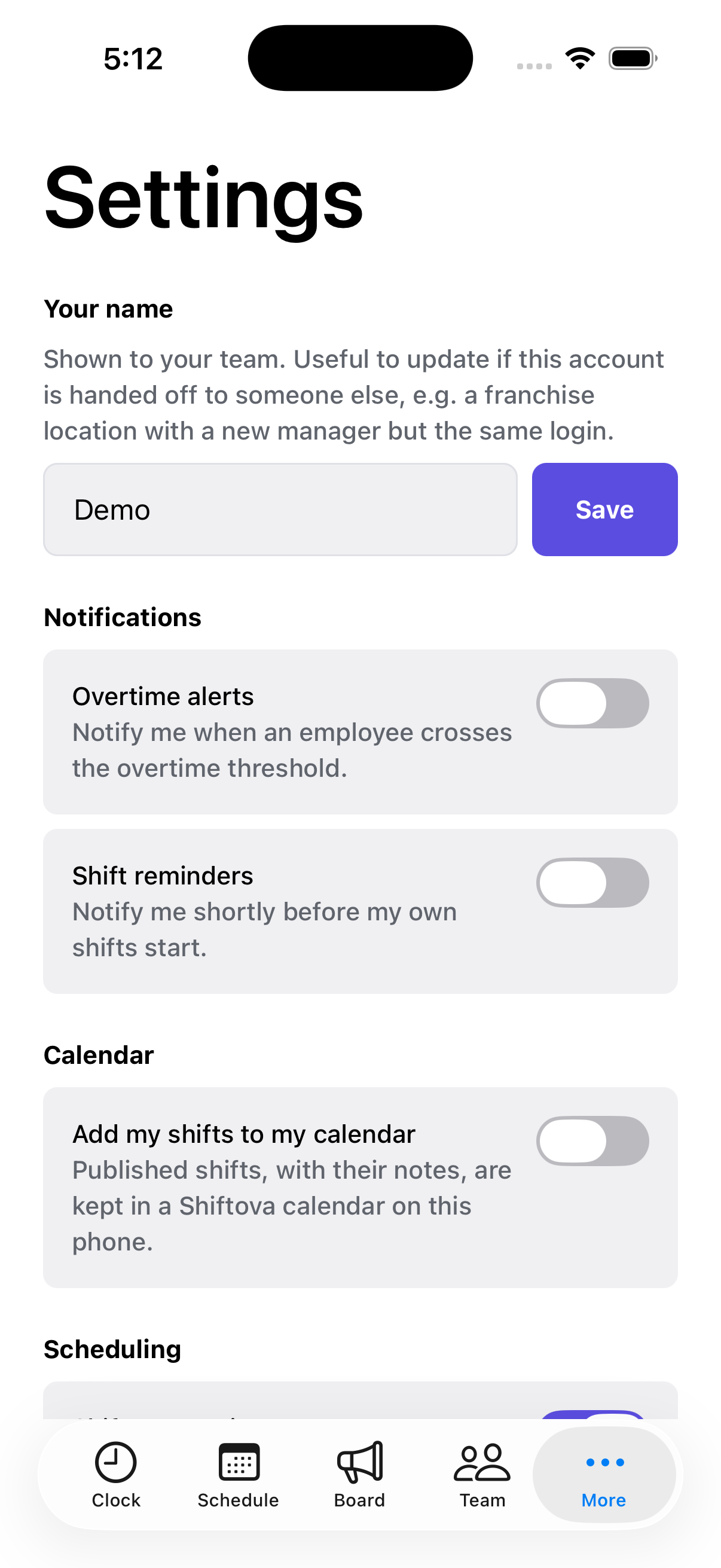 Calendar sync settings toggle, with shifts appearing on a personal calendar