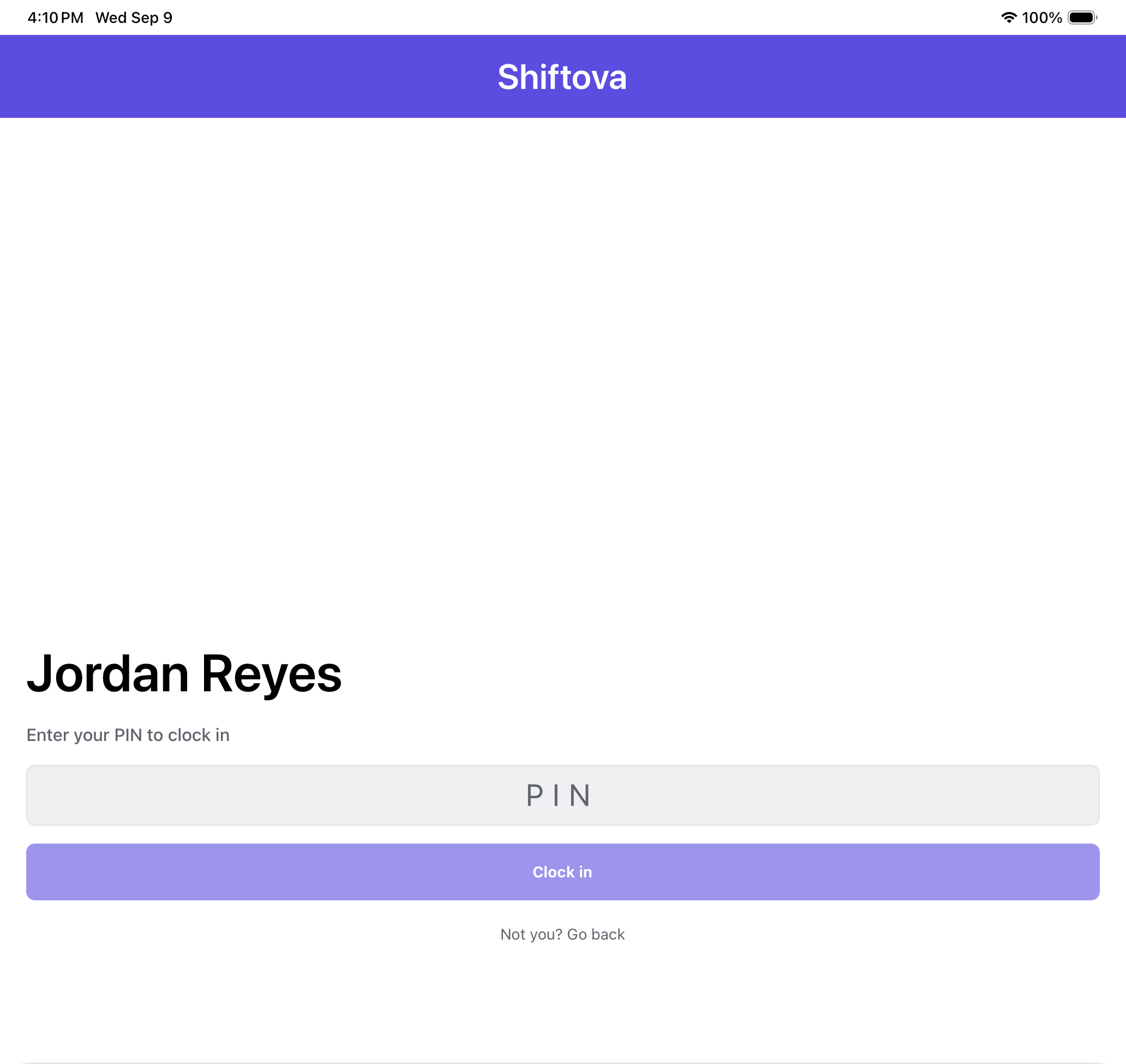 The PIN entry screen for an employee clocking in on the shared kiosk