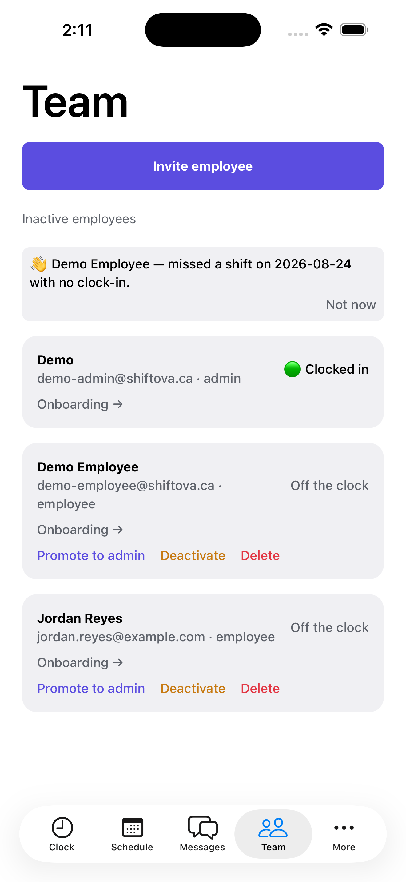 A retention signal on the Team screen flagging a missed shift with no clock-in