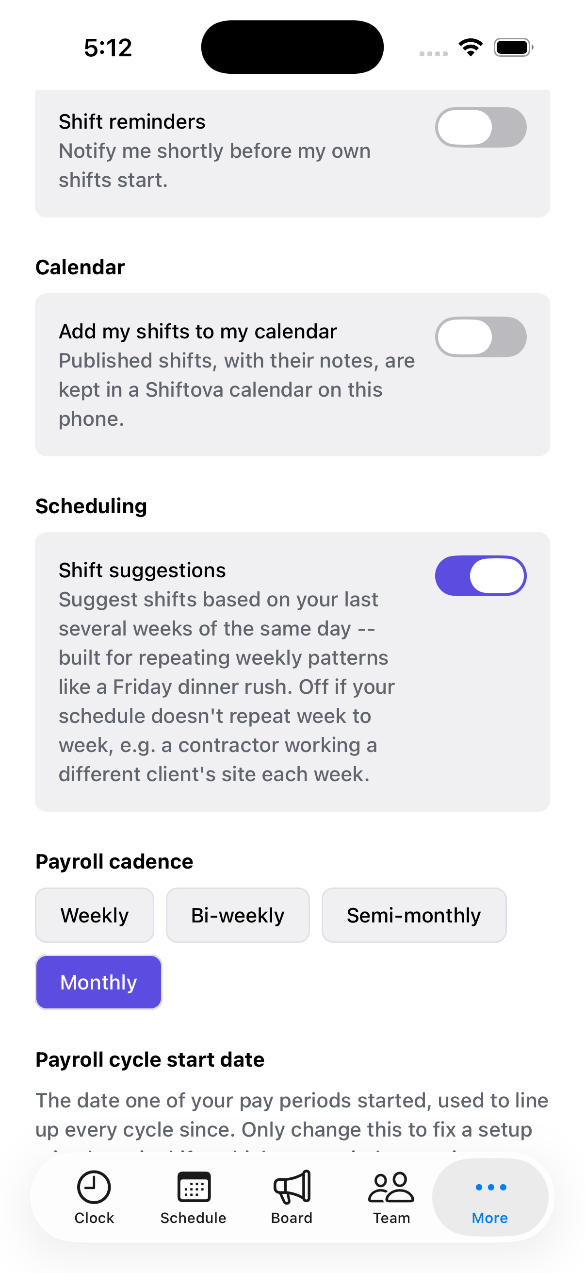 The Shift Suggestions setting, describing suggestions based on the last several weeks of the same day