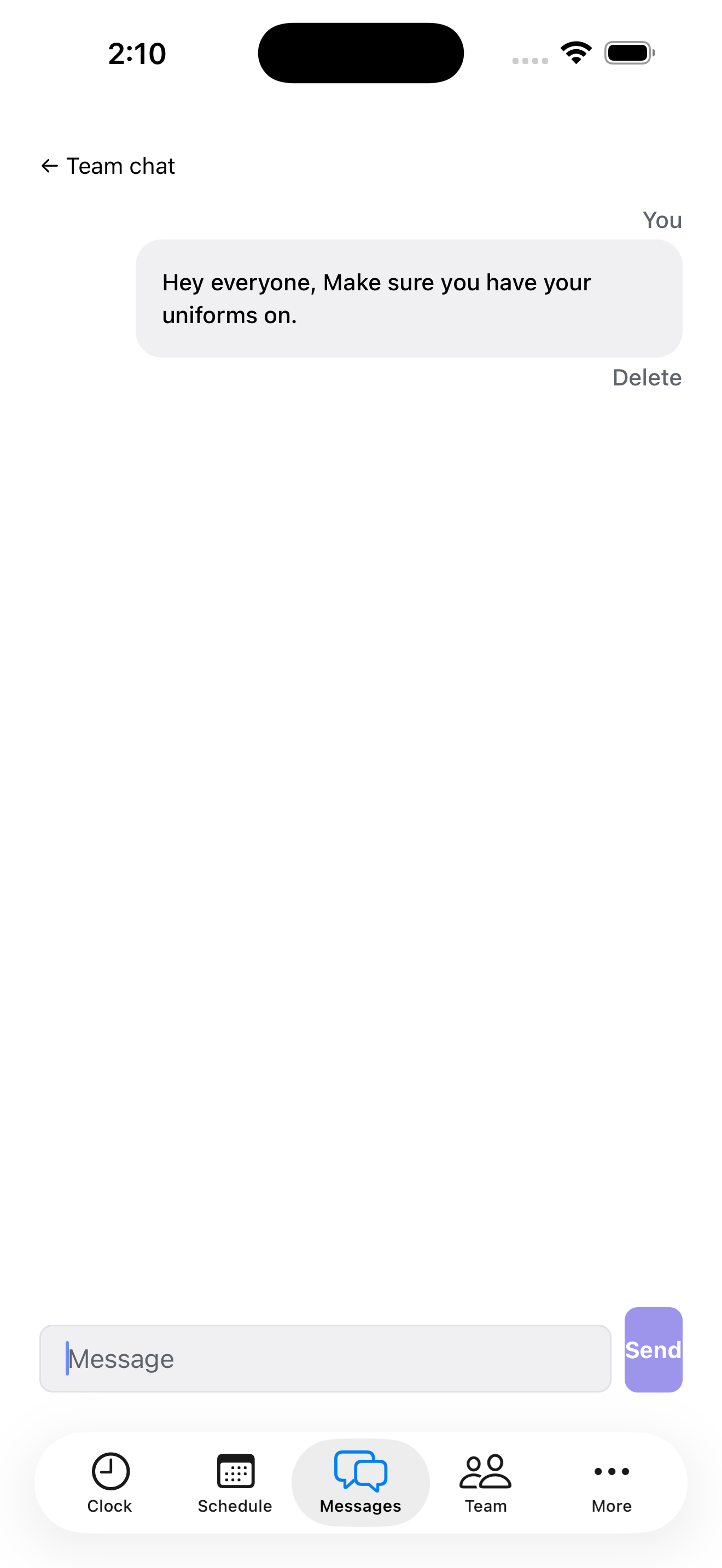 A team chat thread with a message sent to the whole team